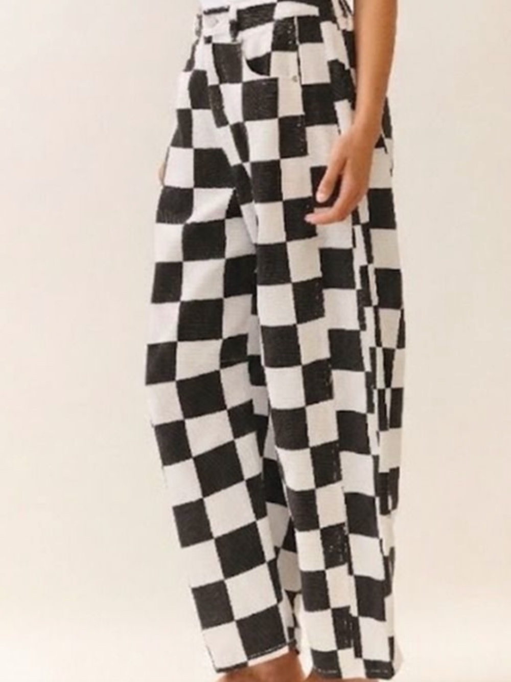 #1191 Black & White Checkered Barrel Leg Pants